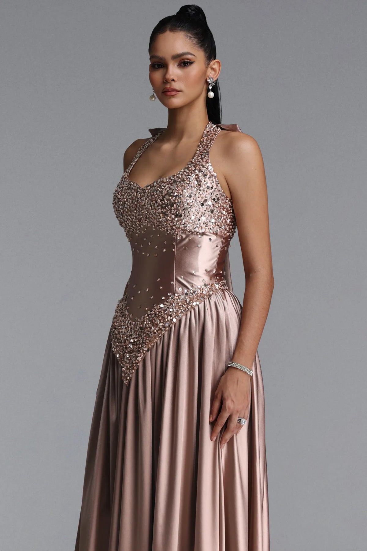 Sequin-Embellished Basque Waist Satin Gown - Dusty Rose Gold