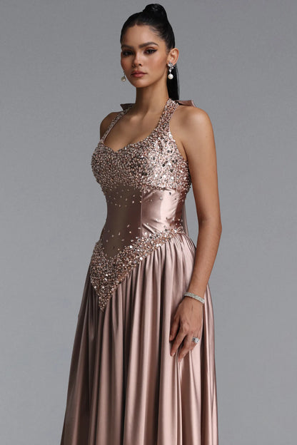 Sequin-Embellished Basque Waist Satin Gown - Dusty Rose Gold