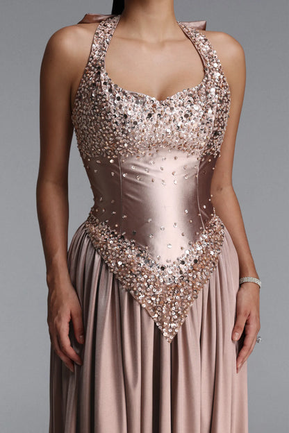 Sequin-Embellished Basque Waist Satin Gown - Dusty Rose Gold