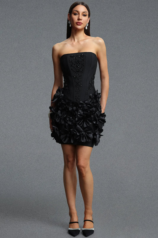 Strapless 3D Floral Rosette Corset Mini Dress - Onyx Black