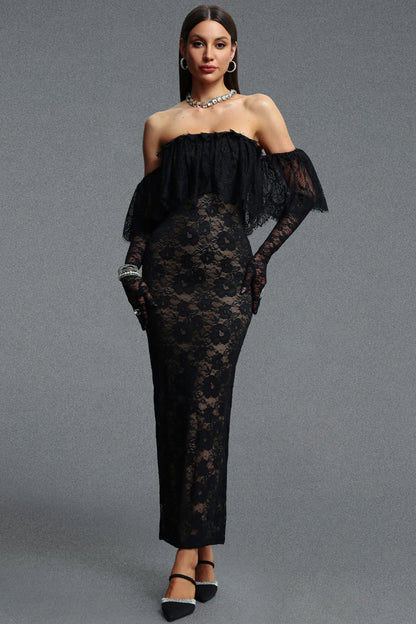 Off-The-Shoulder Ruffled Lace Gown with Opera Gloves - Onyx Black