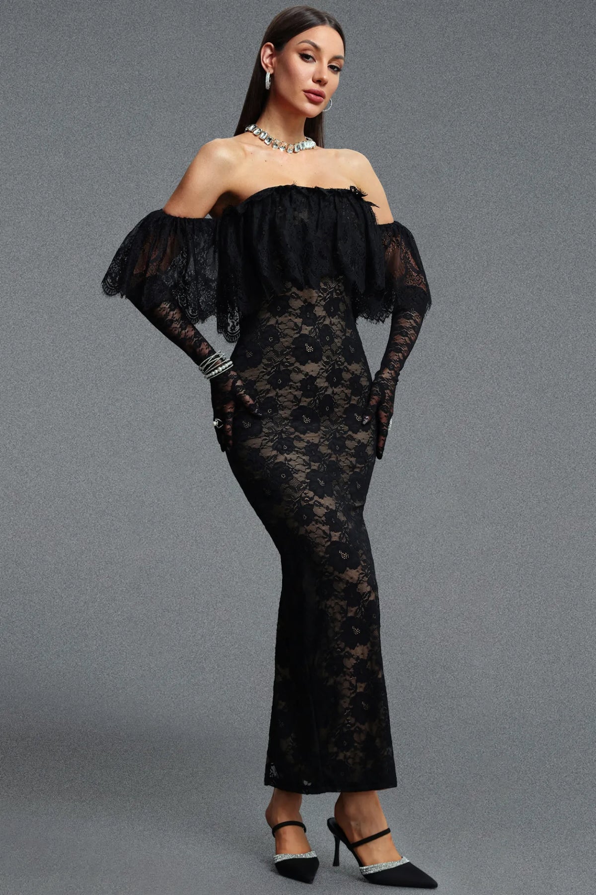 Off-The-Shoulder Ruffled Lace Gown with Opera Gloves - Onyx Black