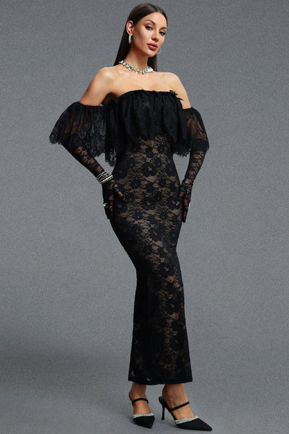Off-The-Shoulder Ruffled Lace Gown with Opera Gloves - Onyx Black