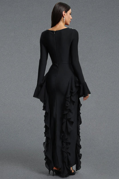 Embellished Square-Neck Cascading Ruffle Gown - Onyx Black