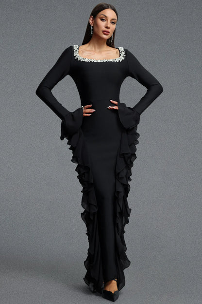 Embellished Square-Neck Cascading Ruffle Gown - Onyx Black