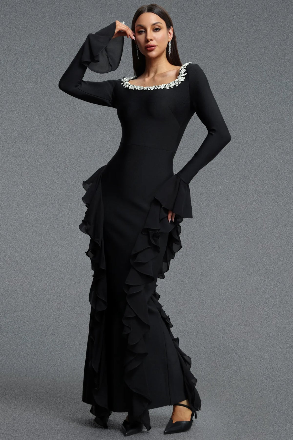Embellished Square-Neck Cascading Ruffle Gown - Onyx Black