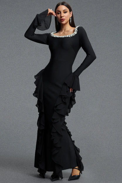 Embellished Square-Neck Cascading Ruffle Gown - Onyx Black