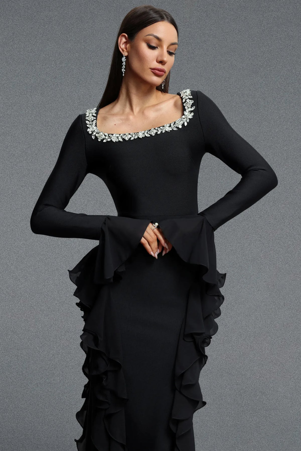Embellished Square-Neck Cascading Ruffle Gown - Onyx Black