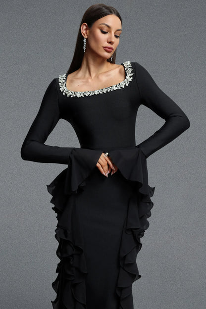 Embellished Square-Neck Cascading Ruffle Gown - Onyx Black