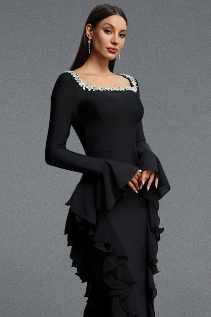 Embellished Square-Neck Cascading Ruffle Gown - Onyx Black
