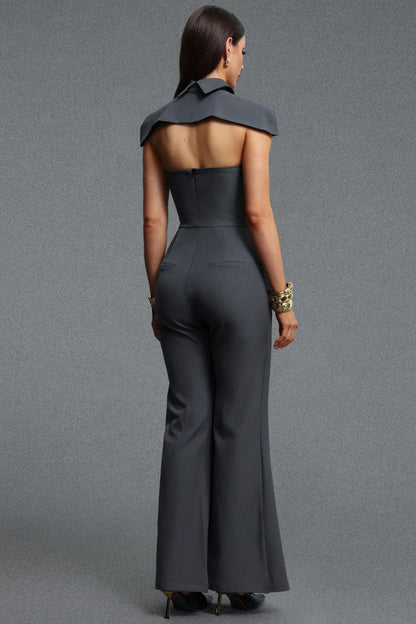 Architectural Double-Breasted Capelet Dress - Slate Gray