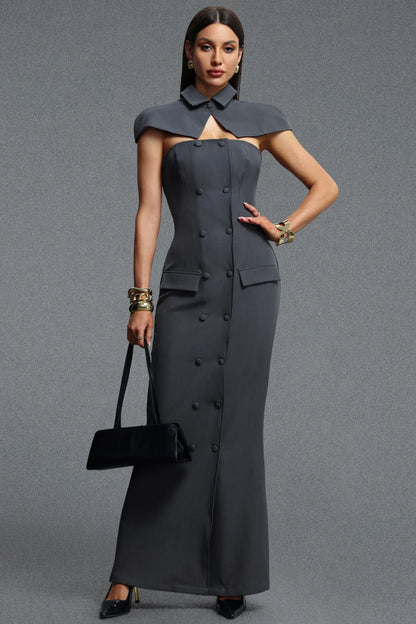 Architectural Double-Breasted Capelet Dress - Slate Gray
