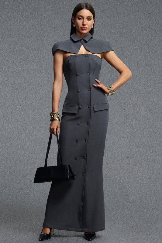 Architectural Double-Breasted Capelet Dress - Slate Gray