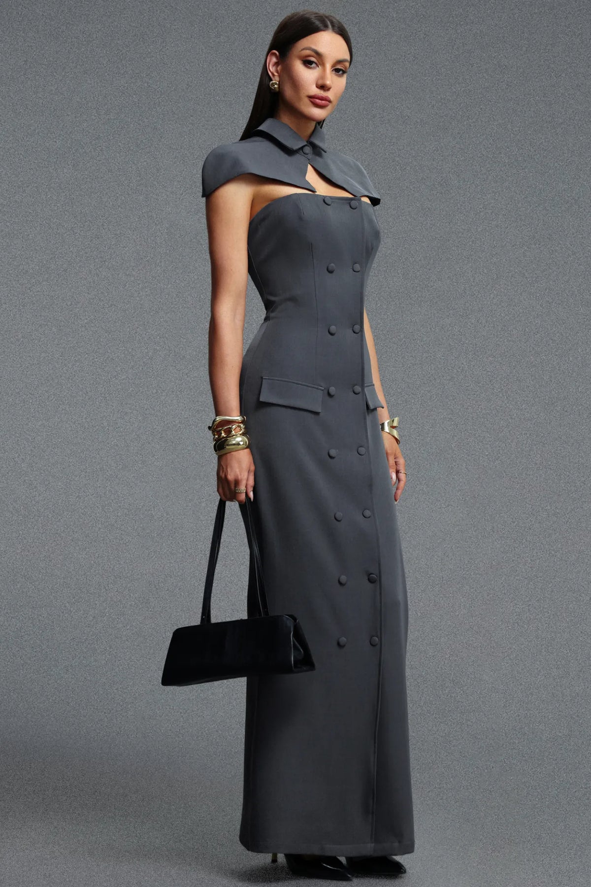Architectural Double-Breasted Capelet Dress - Slate Gray