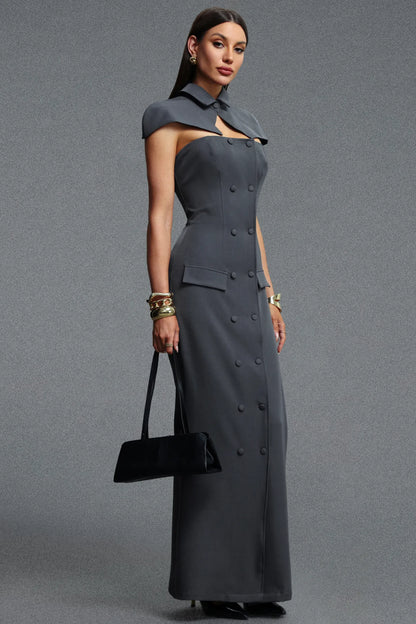 Architectural Double-Breasted Capelet Dress - Slate Gray