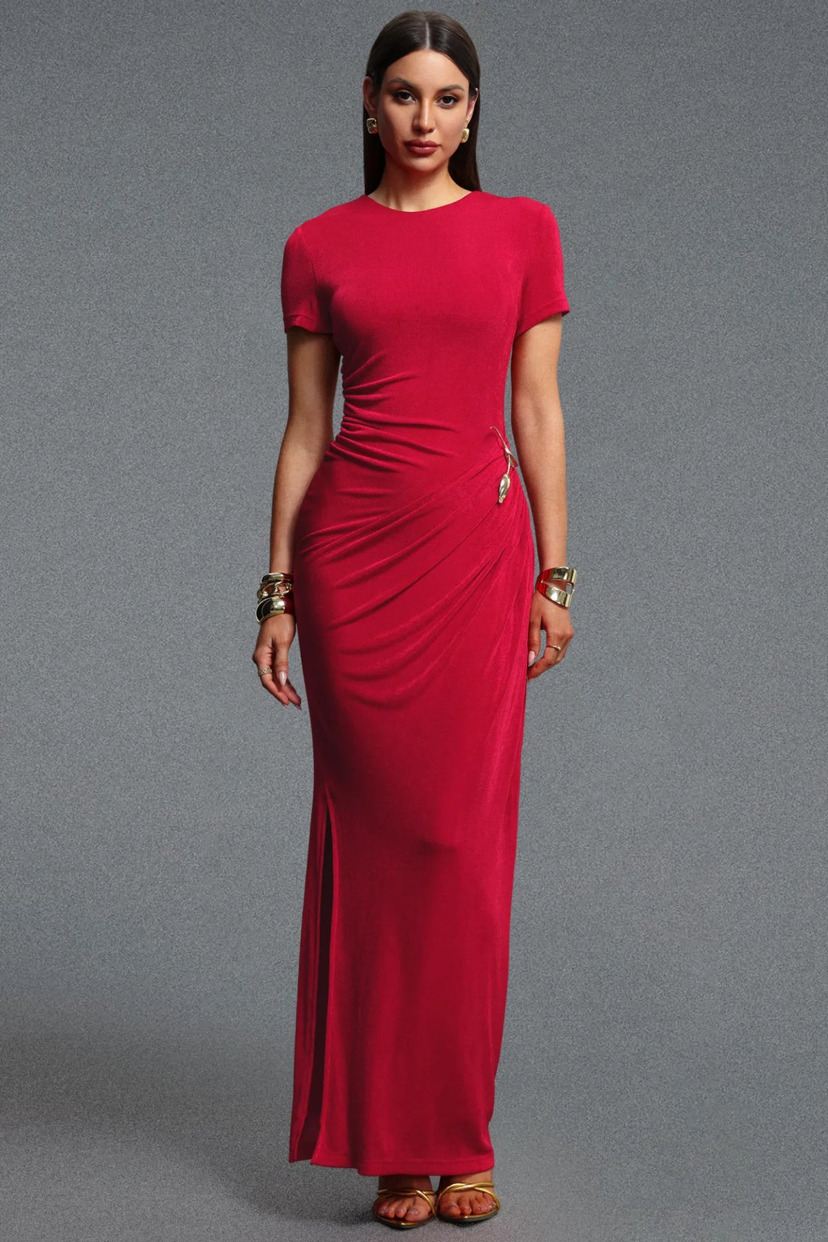 Asymmetrical Ruched Hardware Gown - Crimson Red