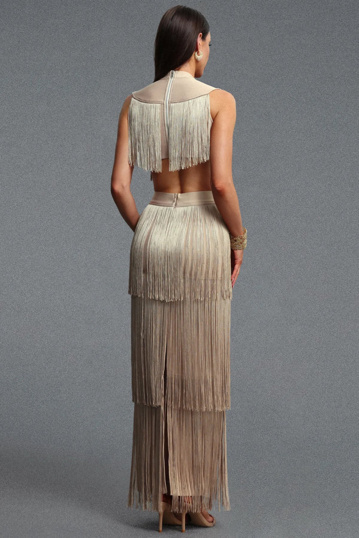 Embellished Yoke Tiered Fringe Two-Piece Set - Champagne Gold