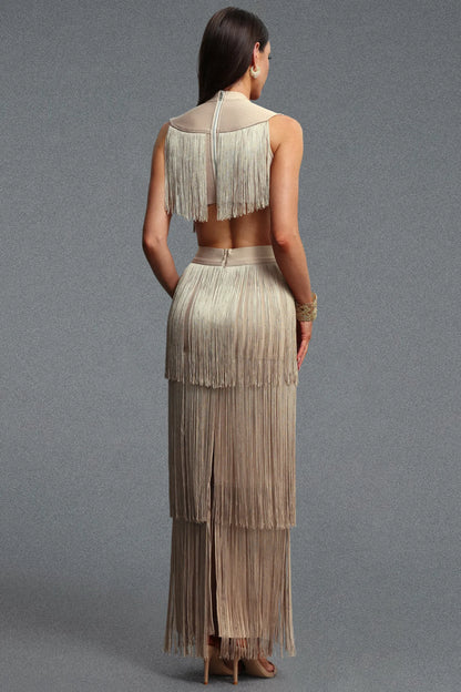 Embellished Yoke Tiered Fringe Two-Piece Set - Champagne Gold