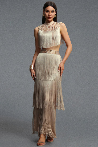 Embellished Yoke Tiered Fringe Two-Piece Set - Champagne Gold