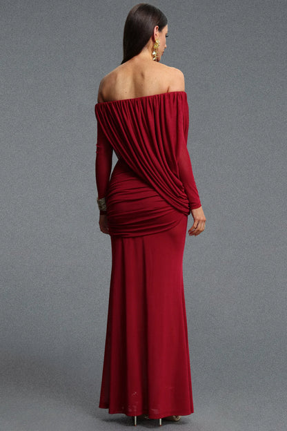 Asymmetrical Draped Off-The-Shoulder Gown - Crimson Red