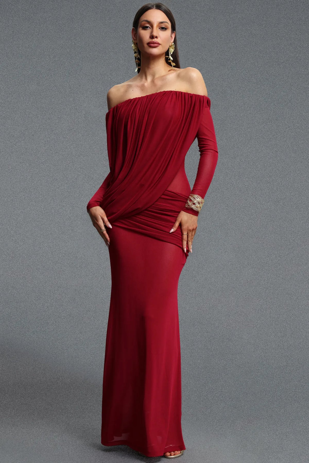 Asymmetrical Draped Off-The-Shoulder Gown - Crimson Red