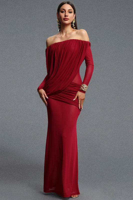 Asymmetrical Draped Off-The-Shoulder Gown - Crimson Red