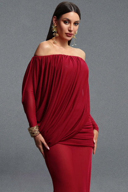Asymmetrical Draped Off-The-Shoulder Gown - Crimson Red