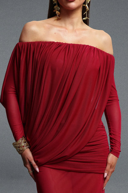 Asymmetrical Draped Off-The-Shoulder Gown - Crimson Red