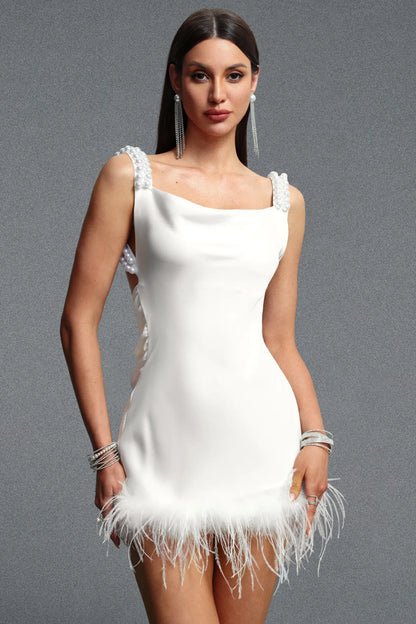 Pearl-Embellished Feather-Trim Mini Dress - Pristine Ivory