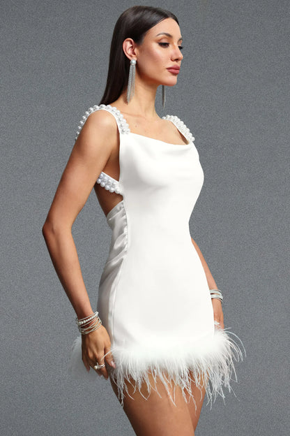 Pearl-Embellished Feather-Trim Mini Dress - Pristine Ivory