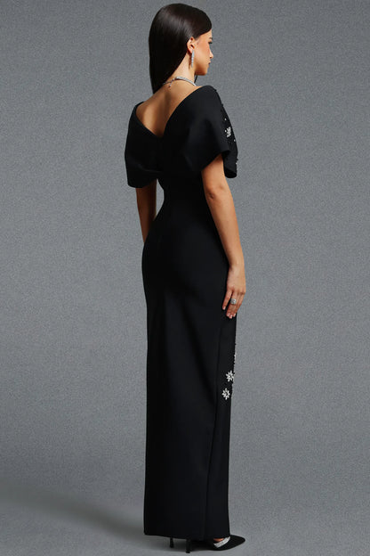 Off-The-Shoulder Crystal Starburst Column Gown - Onyx Black