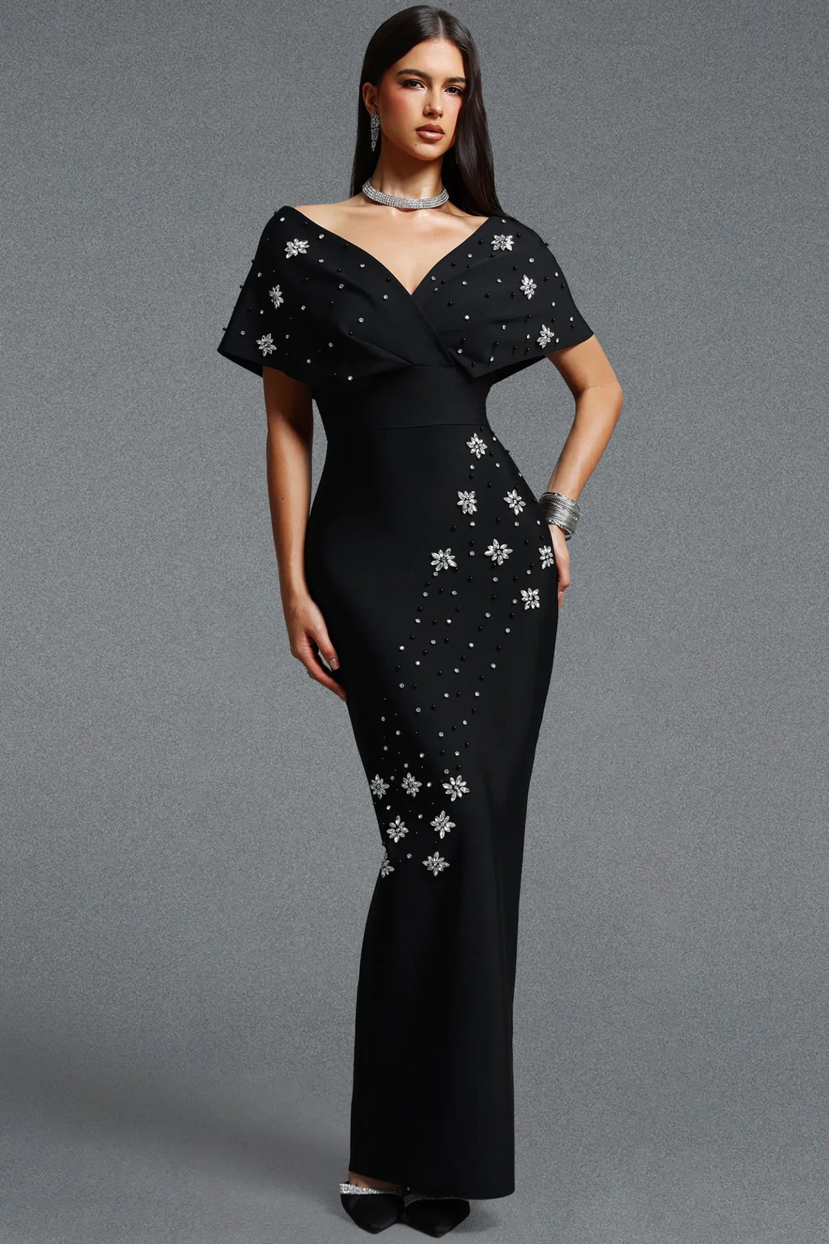 Off-The-Shoulder Crystal Starburst Column Gown - Onyx Black