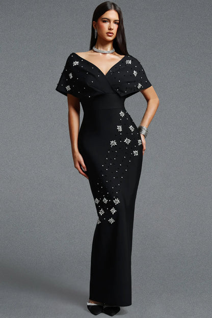 Off-The-Shoulder Crystal Starburst Column Gown - Onyx Black