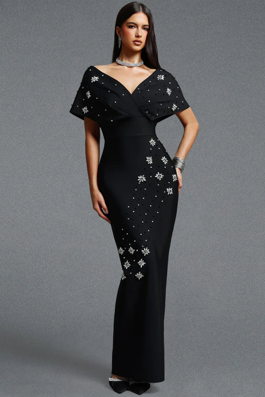Off-The-Shoulder Crystal Starburst Column Gown - Onyx Black