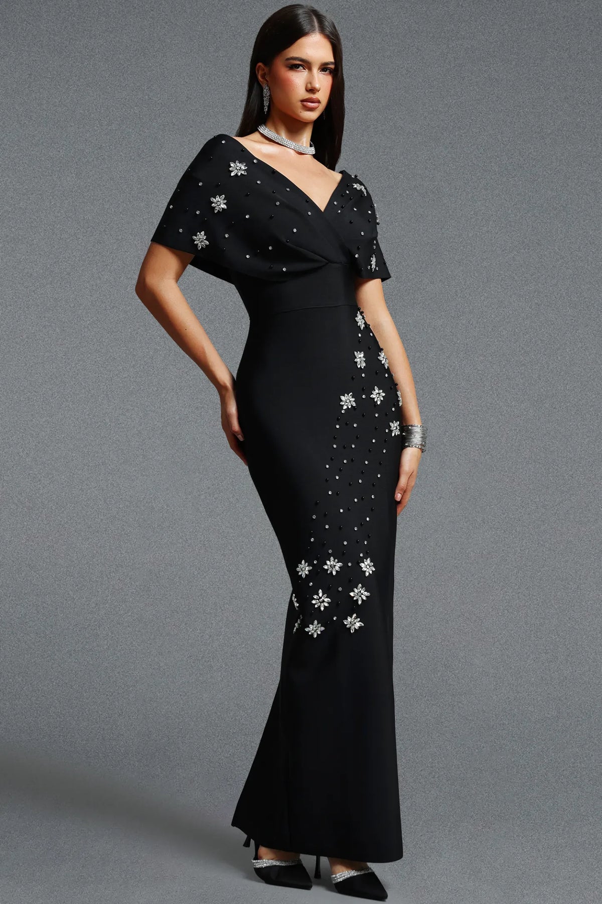 Off-The-Shoulder Crystal Starburst Column Gown - Onyx Black