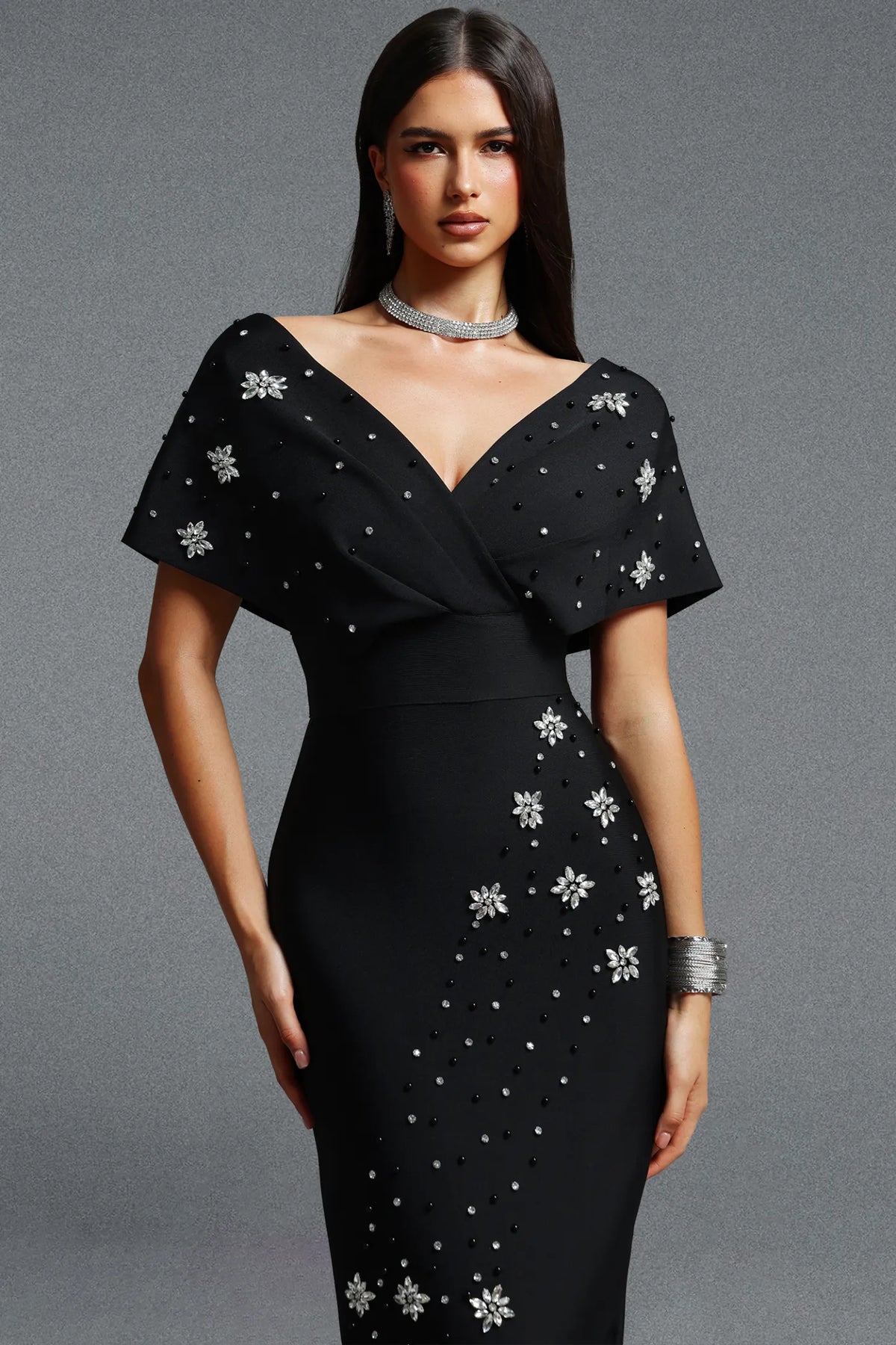 Off-The-Shoulder Crystal Starburst Column Gown - Onyx Black