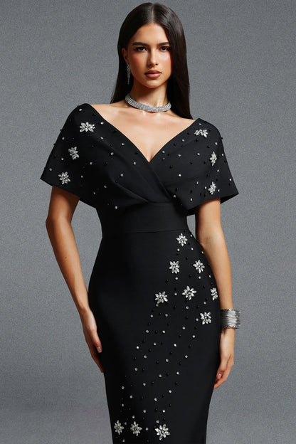 Off-The-Shoulder Crystal Starburst Column Gown - Onyx Black