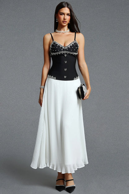 Crystal-Embellished Corseted Pleated Gown - Monochrome