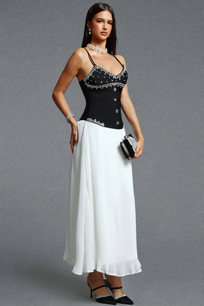 Crystal-Embellished Corseted Pleated Gown - Monochrome