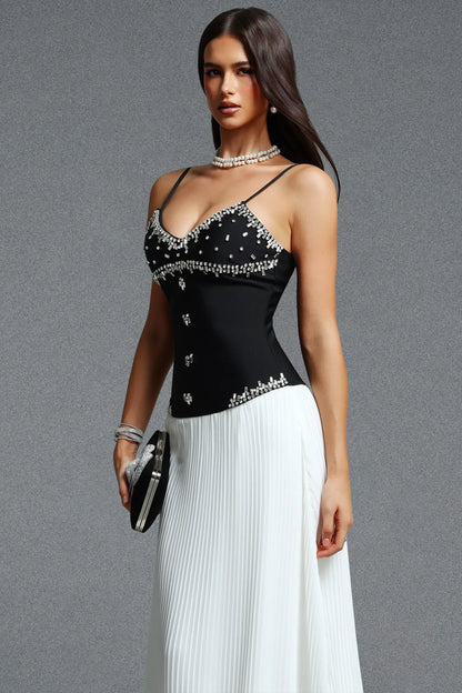 Crystal-Embellished Corseted Pleated Gown - Monochrome