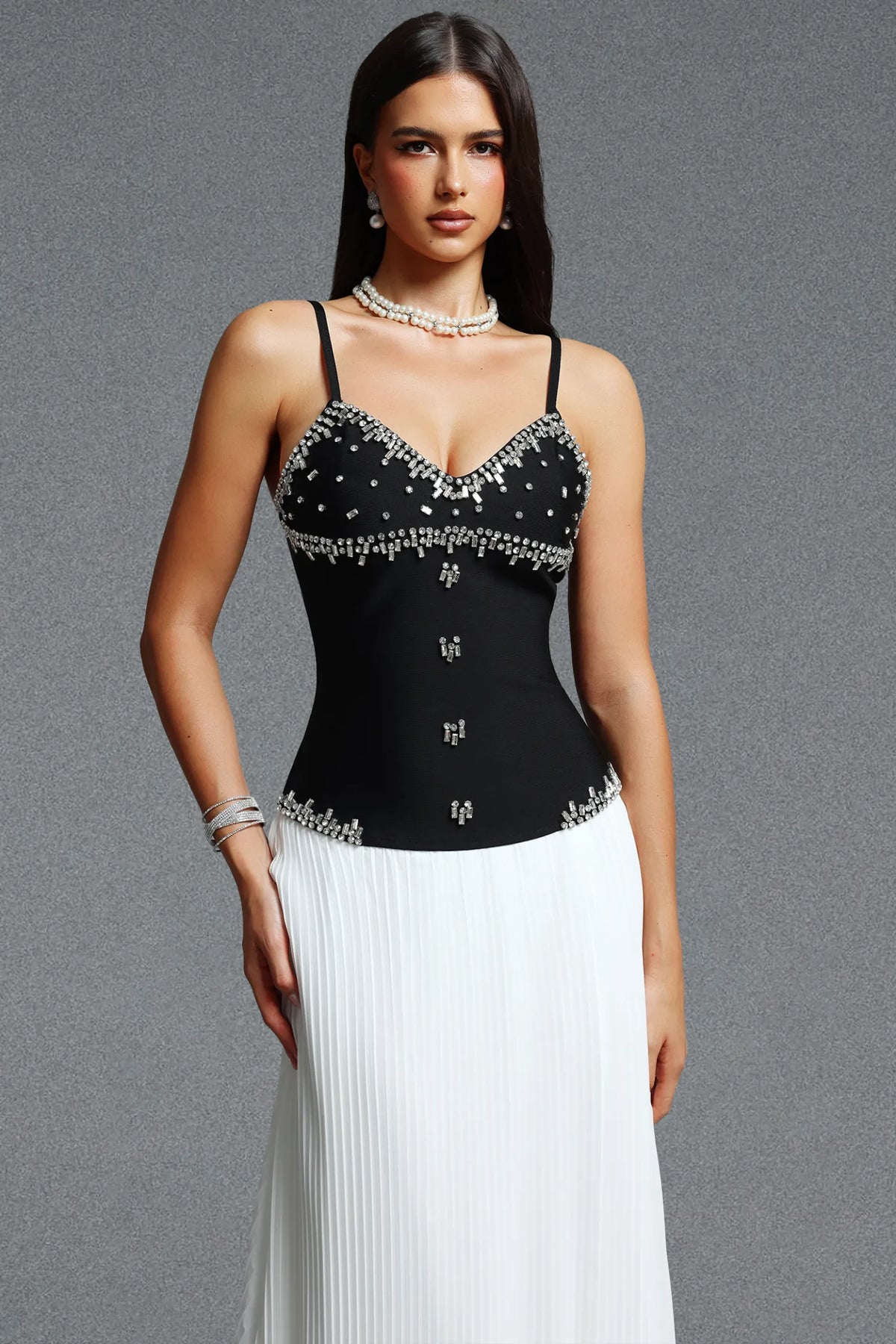 Crystal-Embellished Corseted Pleated Gown - Monochrome
