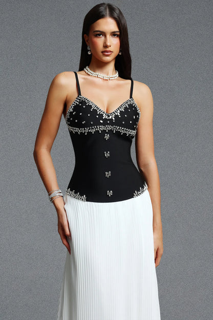Crystal-Embellished Corseted Pleated Gown - Monochrome