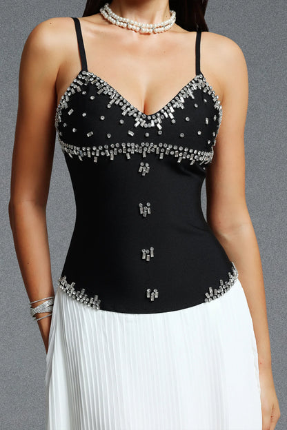 Crystal-Embellished Corseted Pleated Gown - Monochrome
