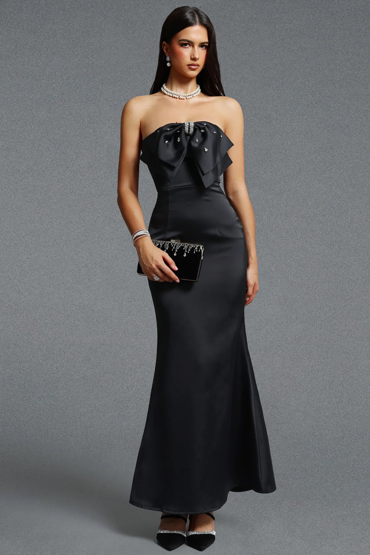 Structural Crystal-Bow Strapless Mermaid Gown - Onyx Black