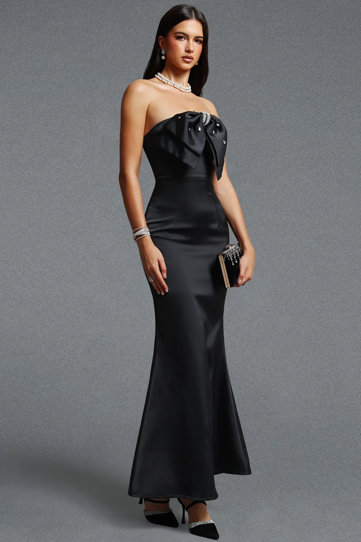 Structural Crystal-Bow Strapless Mermaid Gown - Onyx Black