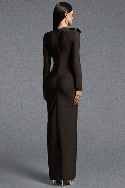 Asymmetrical Silver Floral Appliqué Column Gown - Espresso Brown