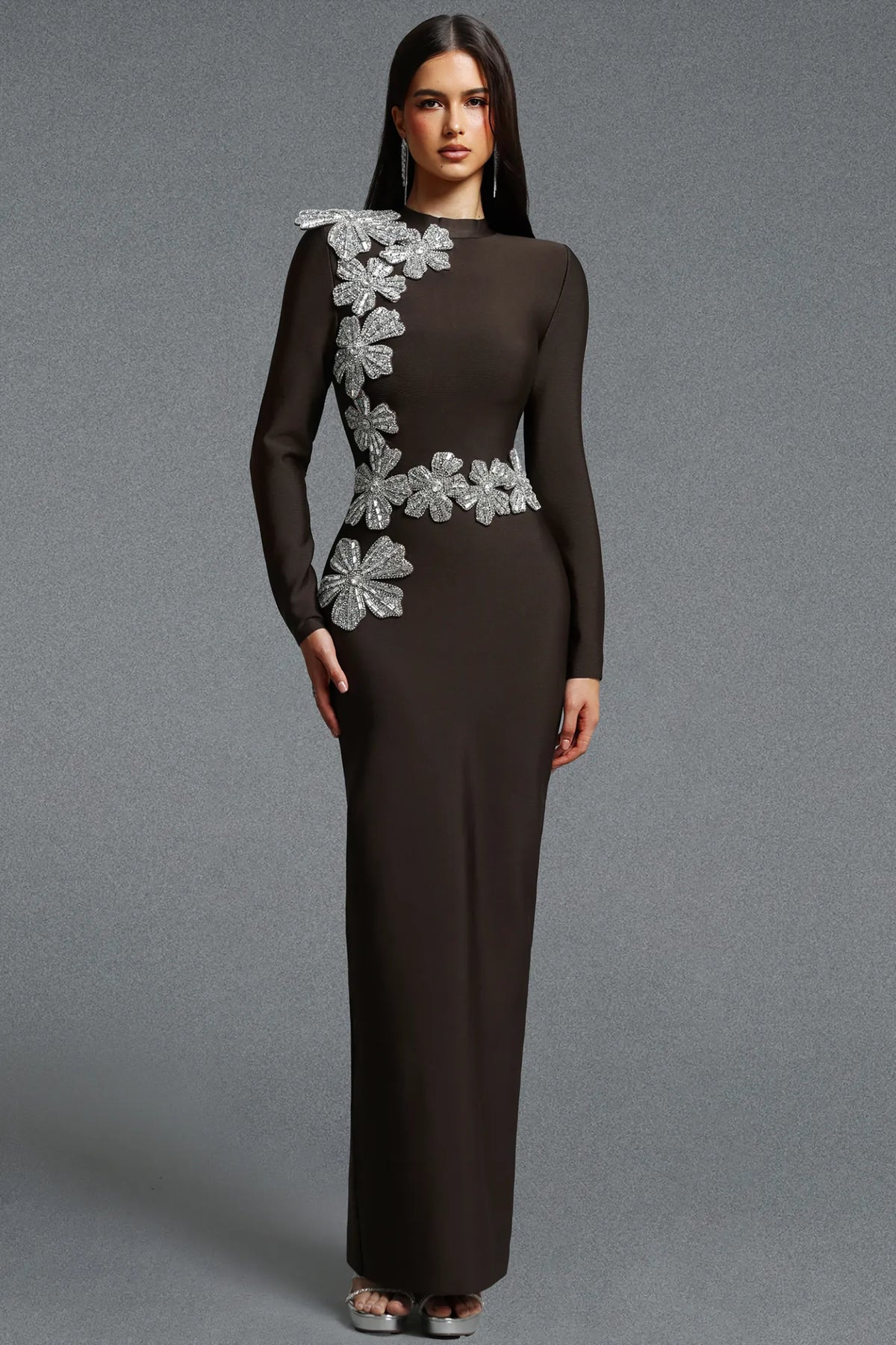Asymmetrical Silver Floral Appliqué Column Gown - Espresso Brown