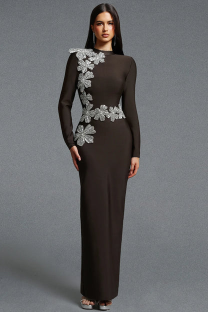 Asymmetrical Silver Floral Appliqué Column Gown - Espresso Brown
