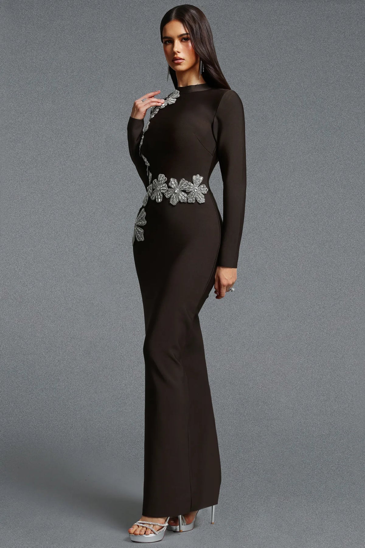 Asymmetrical Silver Floral Appliqué Column Gown - Espresso Brown