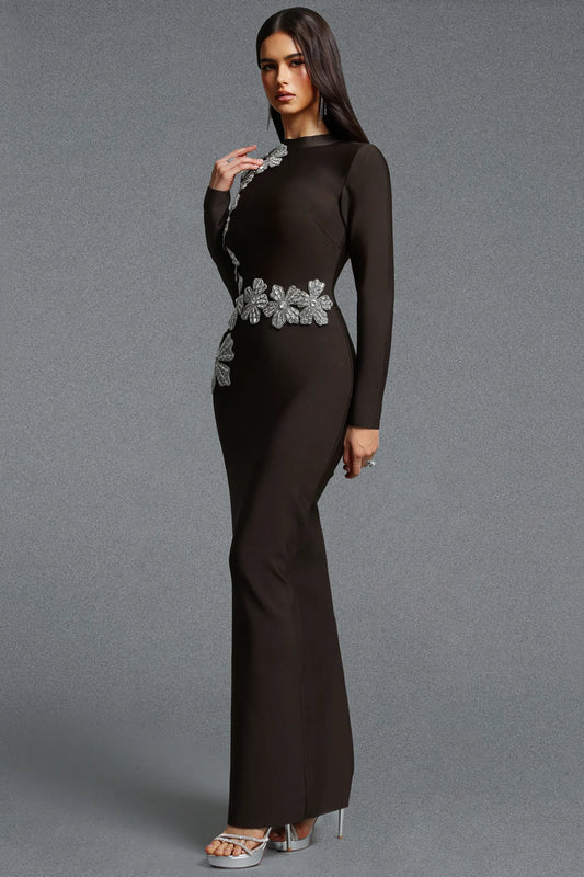 Asymmetrical Silver Floral Appliqué Column Gown - Espresso Brown